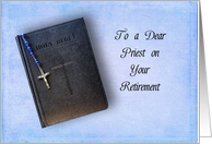 Priest Retirement Greeting Card-Blue Rosary Laying on a Black Bible card