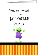 Halloween Party Invitation with Green Gremlin and Orange Stripes card
