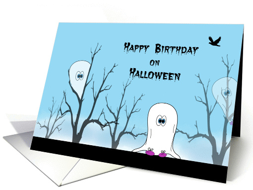 Birthdday on Halloween Greeting Card with Ghost, Trees and Birds card