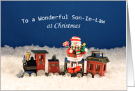 Son-In-Law Christmas Greeting Card-Snowman-Snow Scene-Wooden Train card