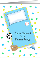 Slumber Party-Pajama Party Invitation-Soccer Ball, Baseball, Mitt Hat card