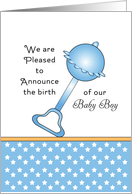 New Baby Boy Birth Announcement Greeting Card - Blue Rattle card