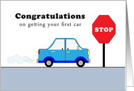 New Car Congratulations Greeting Card-Blue Car-Red Stop Sign card