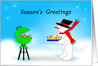 Christmas Snowman Grilling Hot Dogs, Season’s Greetings card