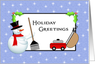 For Gardener Christmas Card- Snowman-Mower-Holiday Greetings card