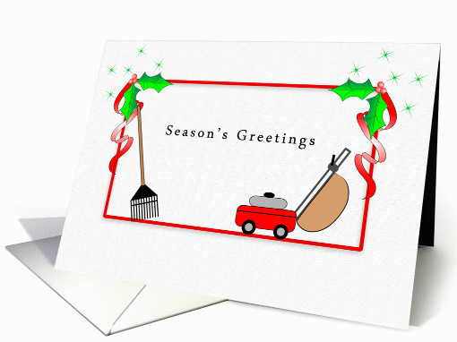 For Gardener Christmas Card Season's Greetings, Rake, Mower card