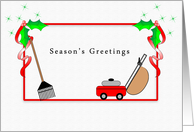 For Gardener Christmas Card Season’s Greetings, Rake, Mower card