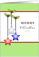 Patriotic Christmas Card-3 Star Ornaments-Merry Christmas card