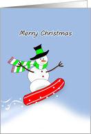 Snowboarding Merry Christmas Greeting Card with Snowman card