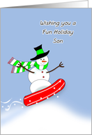 For Son Christmas Snowboarding Greeting Card-Snowman in Snow Scene card