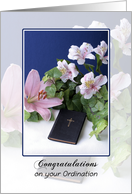 Ordination Congratulations - Bible, Flowers, Lilies card