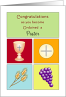 For Pastor Ordination Greeting Card-Chalice, Wafer, Wheat & Grapes card