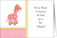 New Baby Girl Birth Announcement Greeting Card-Pink Giraffe card