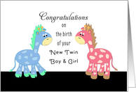 New Twin Boy and Girl Greeting Card-Congratulations-Pink Blue Giraffes card