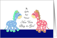 Gift for your New Twin Boy & Girl Greeting Card-Pink and Blue Giraffe card