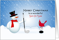 For Son-In-Law Golf Christmas Card-Red Cardinal-Snowman card