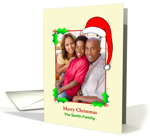 Customizable Christmas Photo Card with Santa Hat and Holly card