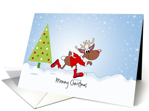 Customizable Fit and Merry Christmas Card-Running Reindeer & Tree card