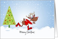 Customizable Fit and Merry Christmas Card-Running Reindeer & Tree card