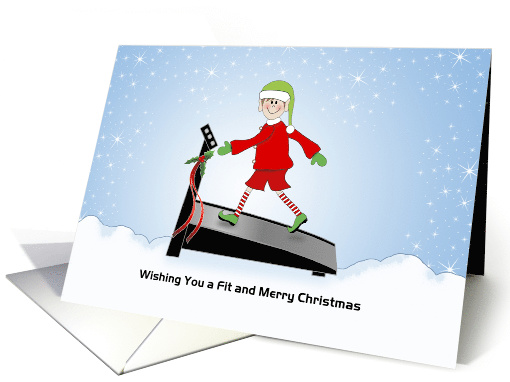 Christmas Fitness Card-Elf-Treadmill-Snow Scene-Custom Text card