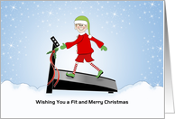 Christmas Fitness Card-Elf-Treadmill-Snow Scene-Custom Text card