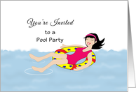 Pool Party Invitation Greeting Card-Retro Girl Floating-Inner Tube card