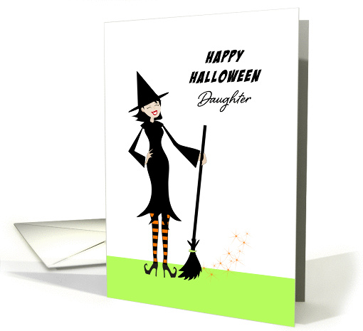 Daughter Halloween Greeting Card with Retro Witch and Broom card