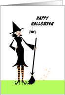 Halloween Greeting Card with Retro Girl Witch and Broom card