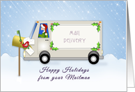 Christmas Card from Mailman-Winter Scene-Mail Truck-Mail Box-Bird card
