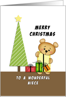For Niece Merry Christmas Greeting Card-Bear-Christmas Tree-Presents card