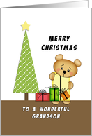 For Grandson Christmas Card-Bear-Christmas Tree-Merry Christmas card