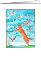 Orange tiger cat and birds fly in cerulean blue sky Catinka Knoth card