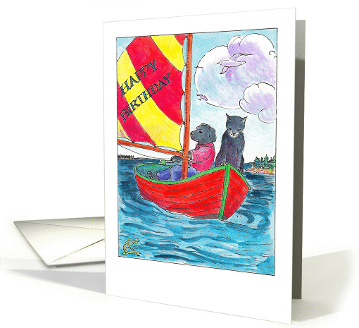 Cat Dog sailing red Happy Birthday sailboat Catinka Knoth card
