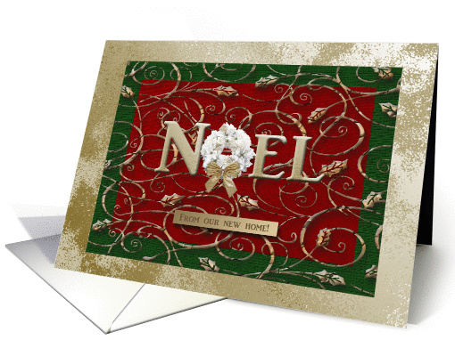 Noel, Poinsettia Wreath and Gold Leaves, from our new home card