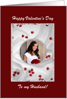 Happy Valentine’s Day Birthday for Husband, Red Hearts on White Satin card