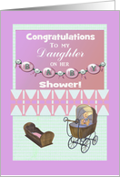 Daughter’s Baby Shower Congratulations, Stroller & Cradle with Bear card