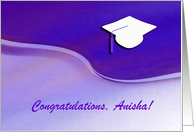 Congratulations, Anisha!, White Graduation Cap on Purple, Custom Text card