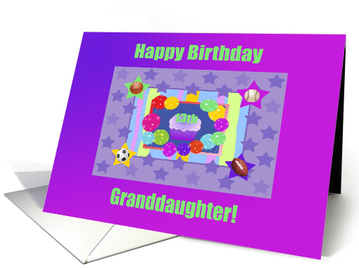 13th Birthday Granddaughter Sports, Colorful Cupcake and Balloons card