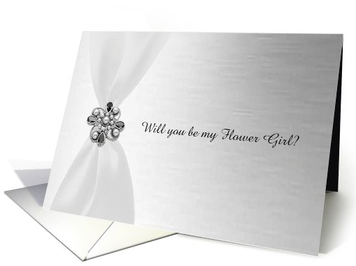 White Satin Ribbon Look with Faux Jewel on Silver, Custom Text card