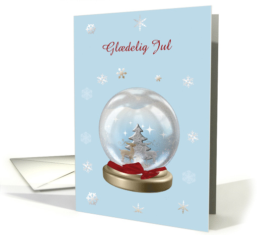 Snow Globe Deer, Tree & Snowflakes, Merry Christmas in Danish card