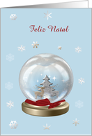 Snow Globe Deer, Tree & Snowflakes, Merry Christmas in Portuguese card