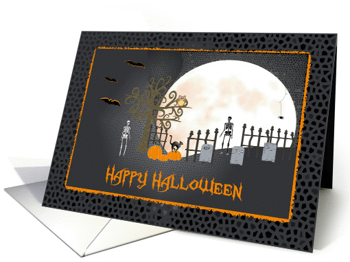 Spooky Graveyard with Owl in a Tree, Big Moon, Happy Halloween card