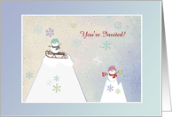 Snowpeople on Mountain, Sled & Hot Chocolate, Invitation, Custom Text card