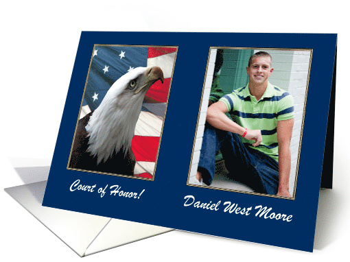 Eagle Scout Court of Honor Invitation Photo Card, Eagle with Flag card
