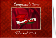 Class of 2024 Graduation. Red Cap, Diploma, & Rose, Custom Text card