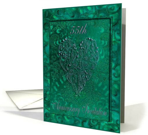 55th  Anniversary Invitation, Painted Jeweled Like Heart, Emerald card