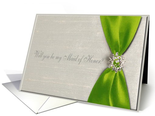 Invitation, Maid of Honor, Pear Green Satin Ribbon with Jewel 2 card