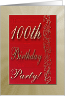 Invitation, 100th Birthday Party, Red and Gold Design card