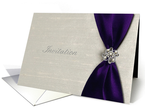 Wedding Invitation, Deep Purple Satin Ribbon with Jewel on Right card