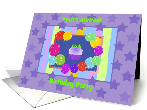 65th Birthday Party Invitation, Cupcake & Balloons with Stars card